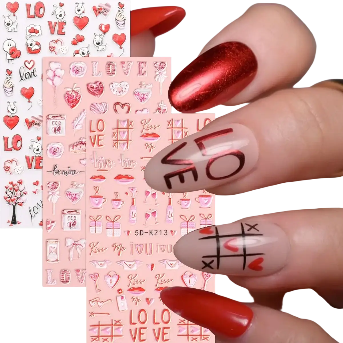 Pink valentine nail stickers featuring red white and pink love heart kiss and tic tac toe designs for diy nail art decals