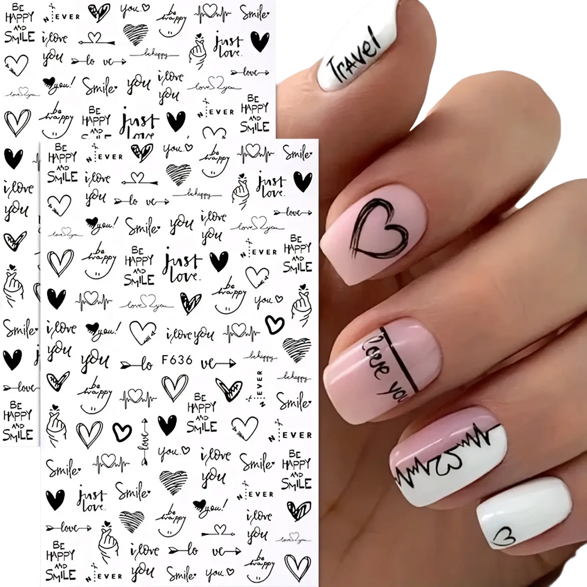 Valentine nail stickers featuring pink and white decals with black heart designs and handwritten love phrases