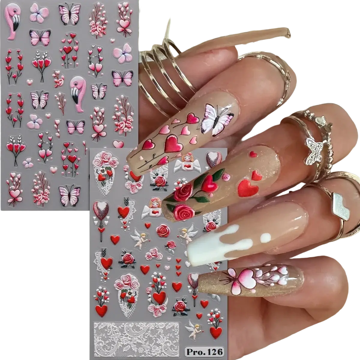 A sheet of pink red and white heart-themed valentine nail stickers featuring butterflies roses flamingos and lace designs