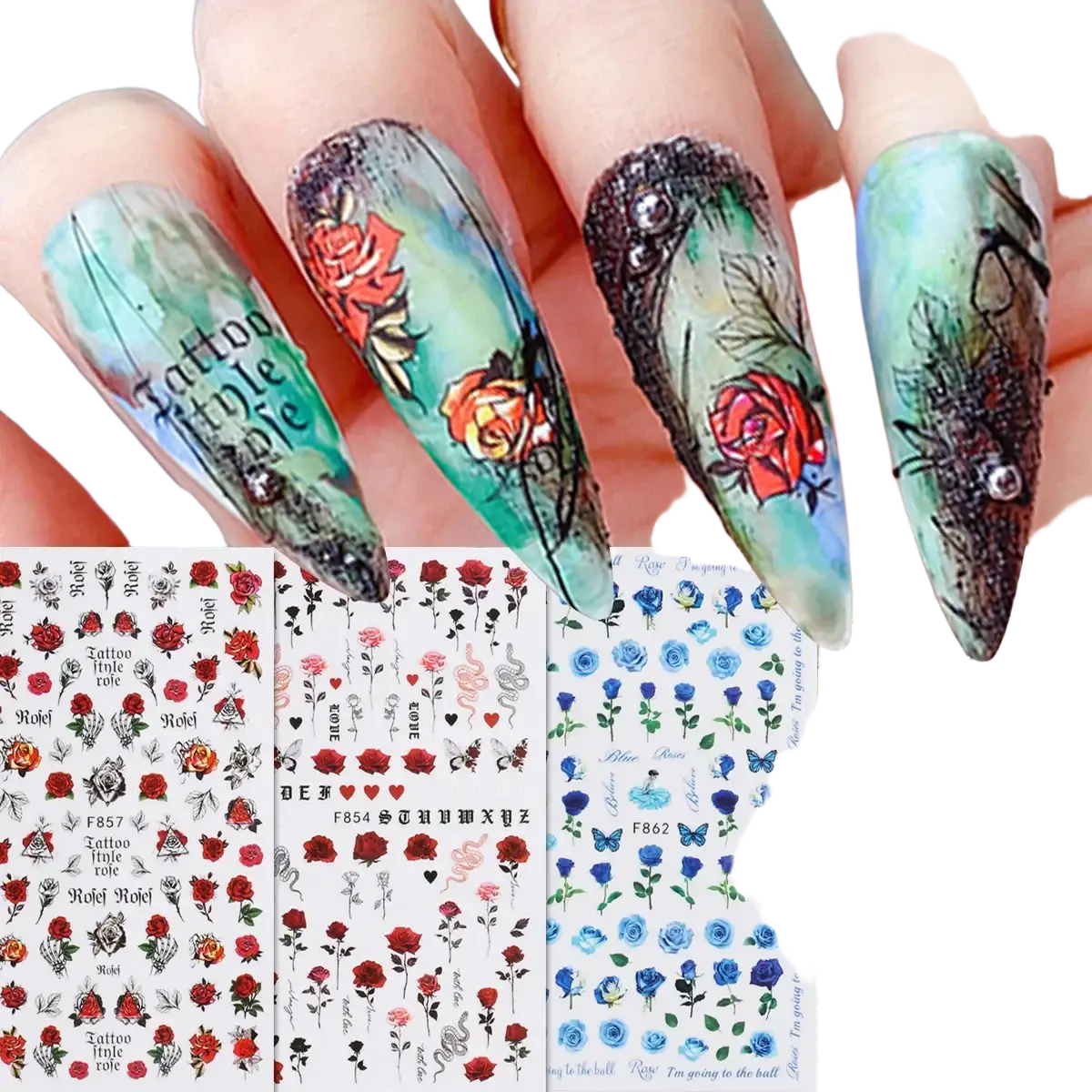 Valentine nail stickers featuring tattoo-style red roses, black lace patterns, and glitter accents on a teal base