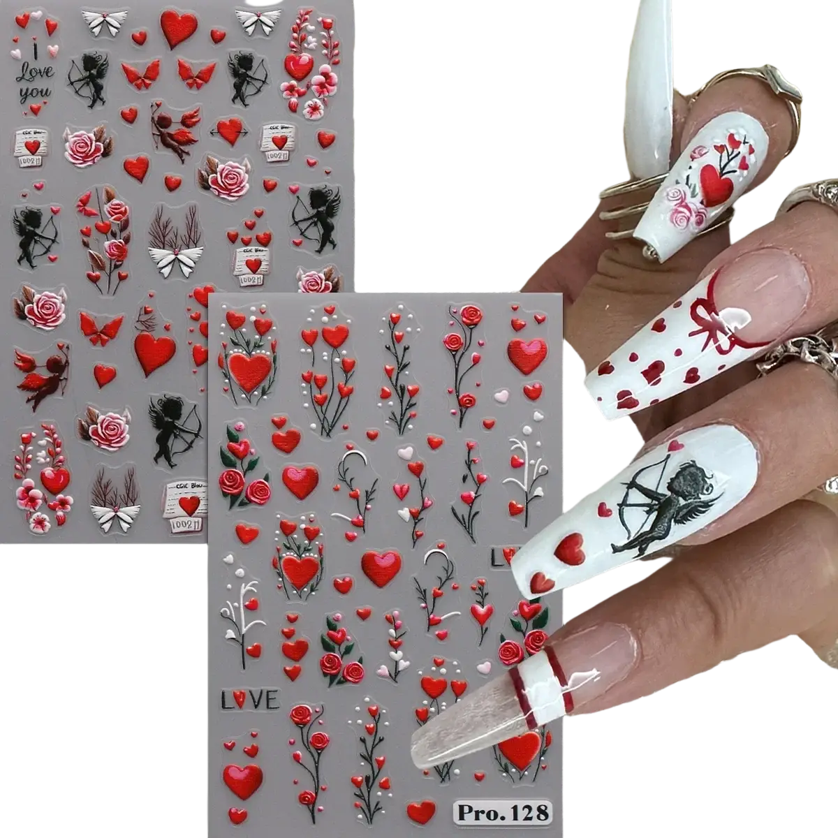 Valentine nail stickers featuring red hearts roses and cherubs on gray backing for diy nail art decals