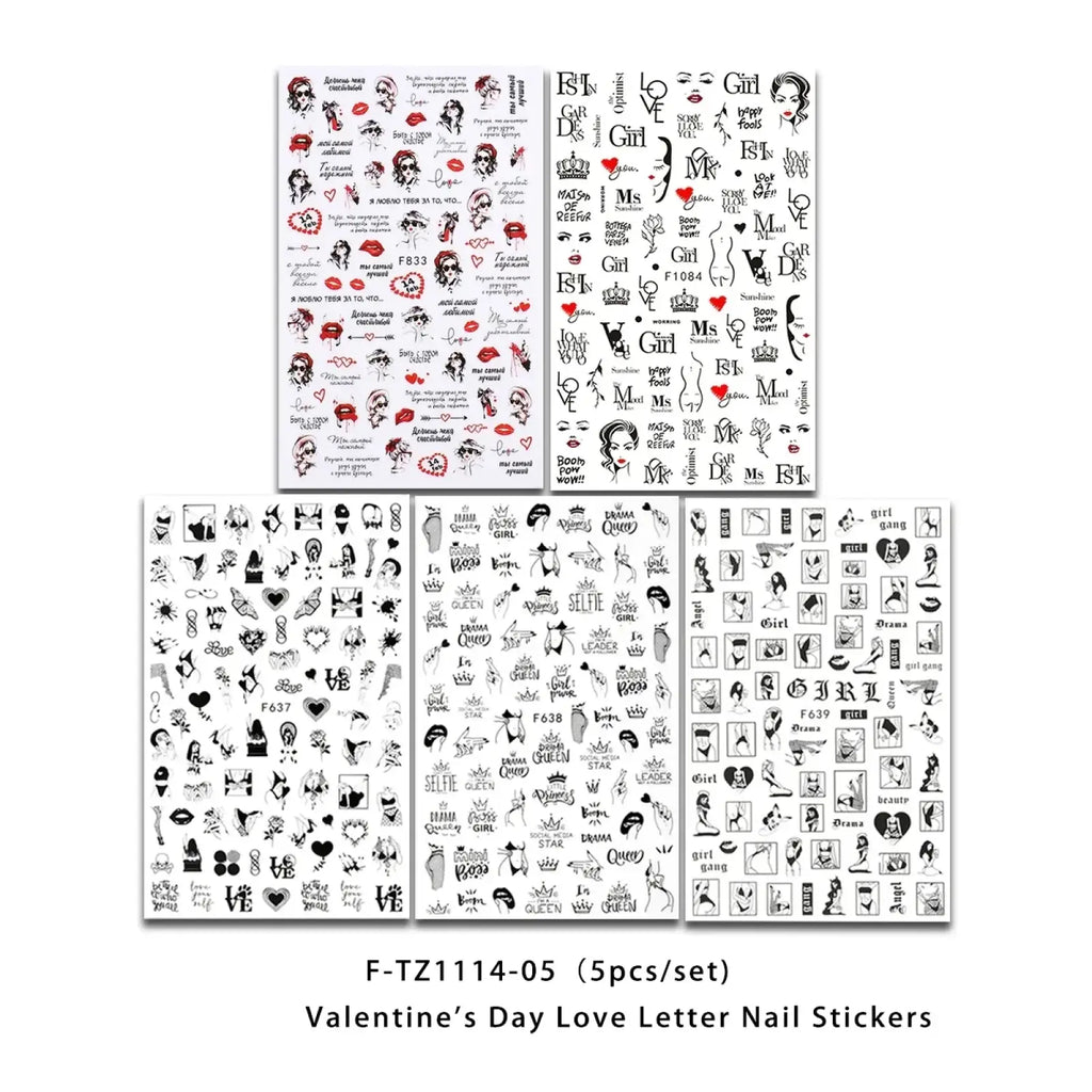 Valentine nail stickers love heart floral diy art decals with black and red designs on white sheets for nails