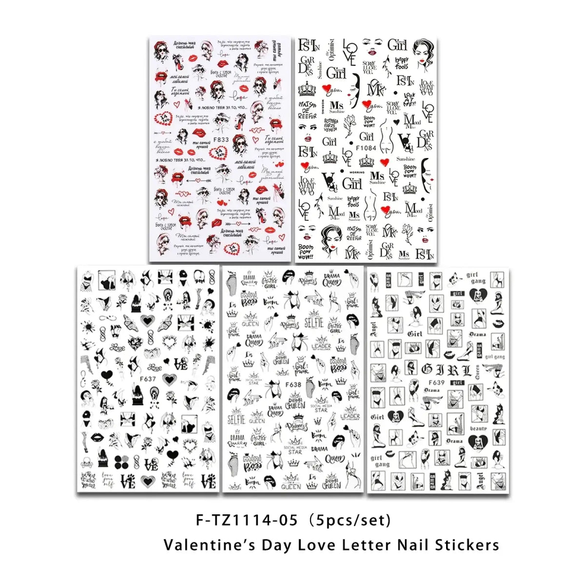 Valentine nail stickers love heart floral diy art decals with black and red designs on white sheets for nails