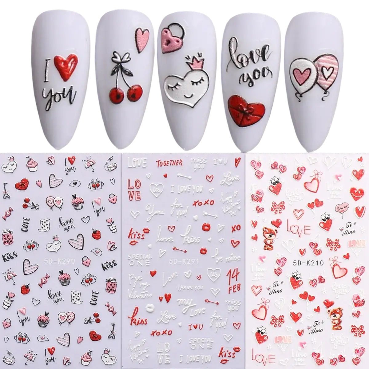 Valentine nail stickers featuring red pink white hearts cherries kisses and i love you phrases on clear backing