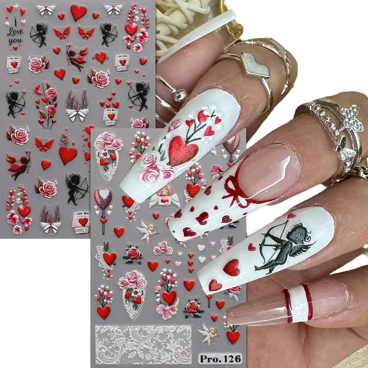 Valentine nail stickers featuring white and red hearts roses cherubs bows and cupid designs for diy art decals