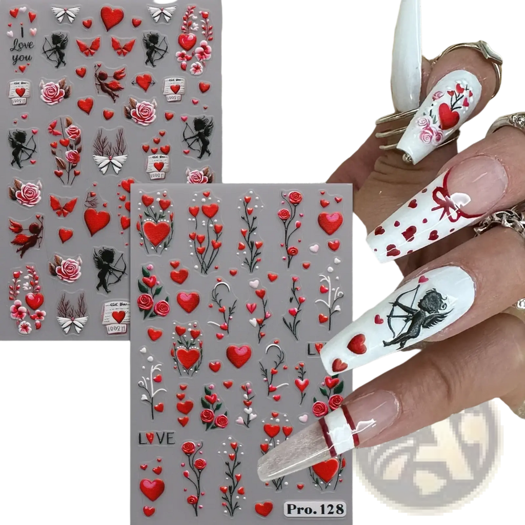 Valentine nail stickers featuring red hearts roses and cherubs on gray backing for diy nail art decals
