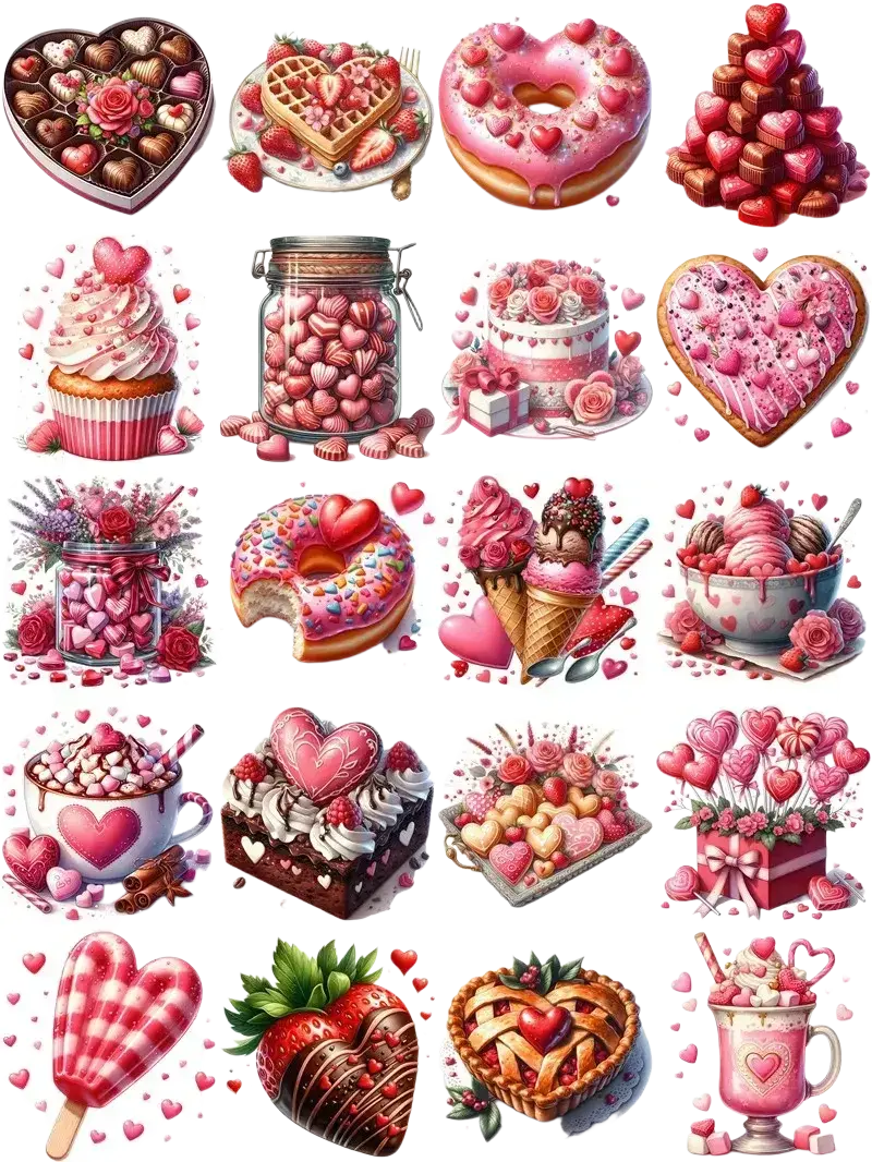 A heart-shaped chocolate box with assorted chocolates and a rose for valentine stickers craft and scrapbook supplies