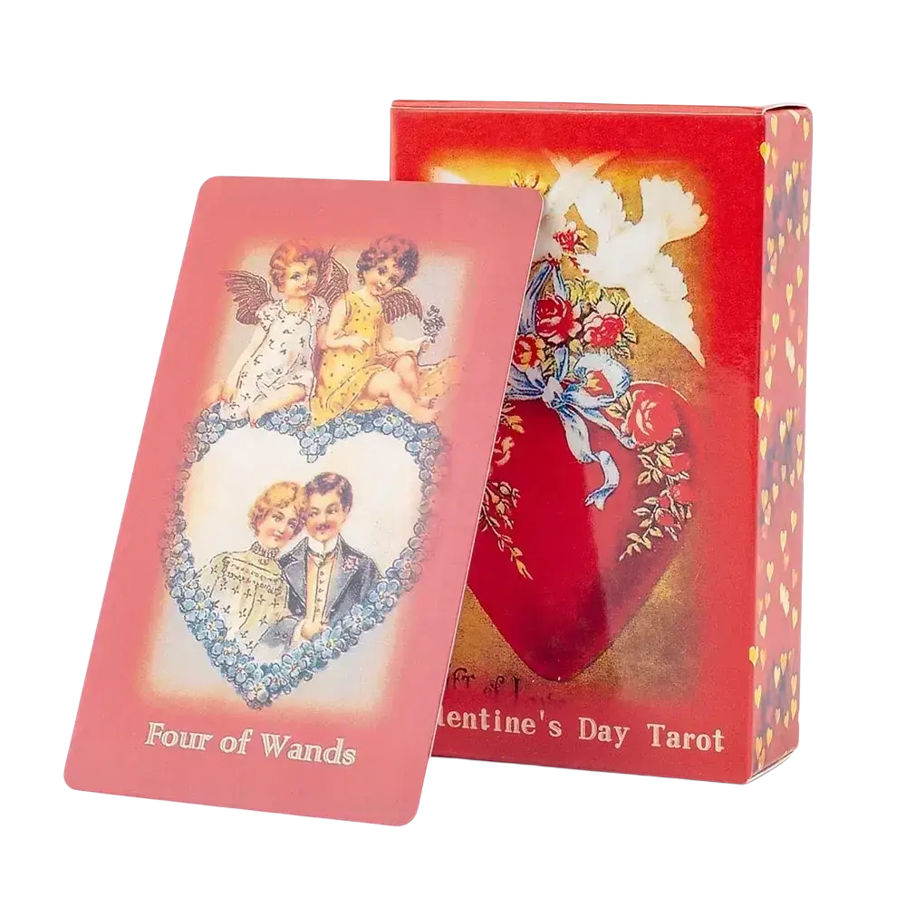 Pink valentine tarot deck card featuring four of wands with heart illustration, cherubs, and a couple in love oracle cards