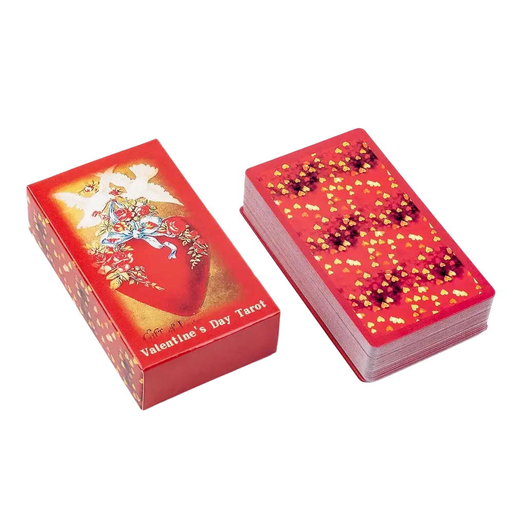 Valentine tarot deck love oracle cards in red with glossy finish and gold foil heart design on the box