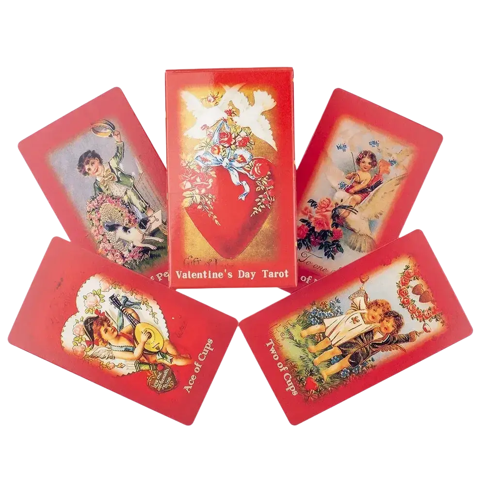 Red valentine tarot deck featuring vintage cherubs and romantic scenes designed for love oracle readings
