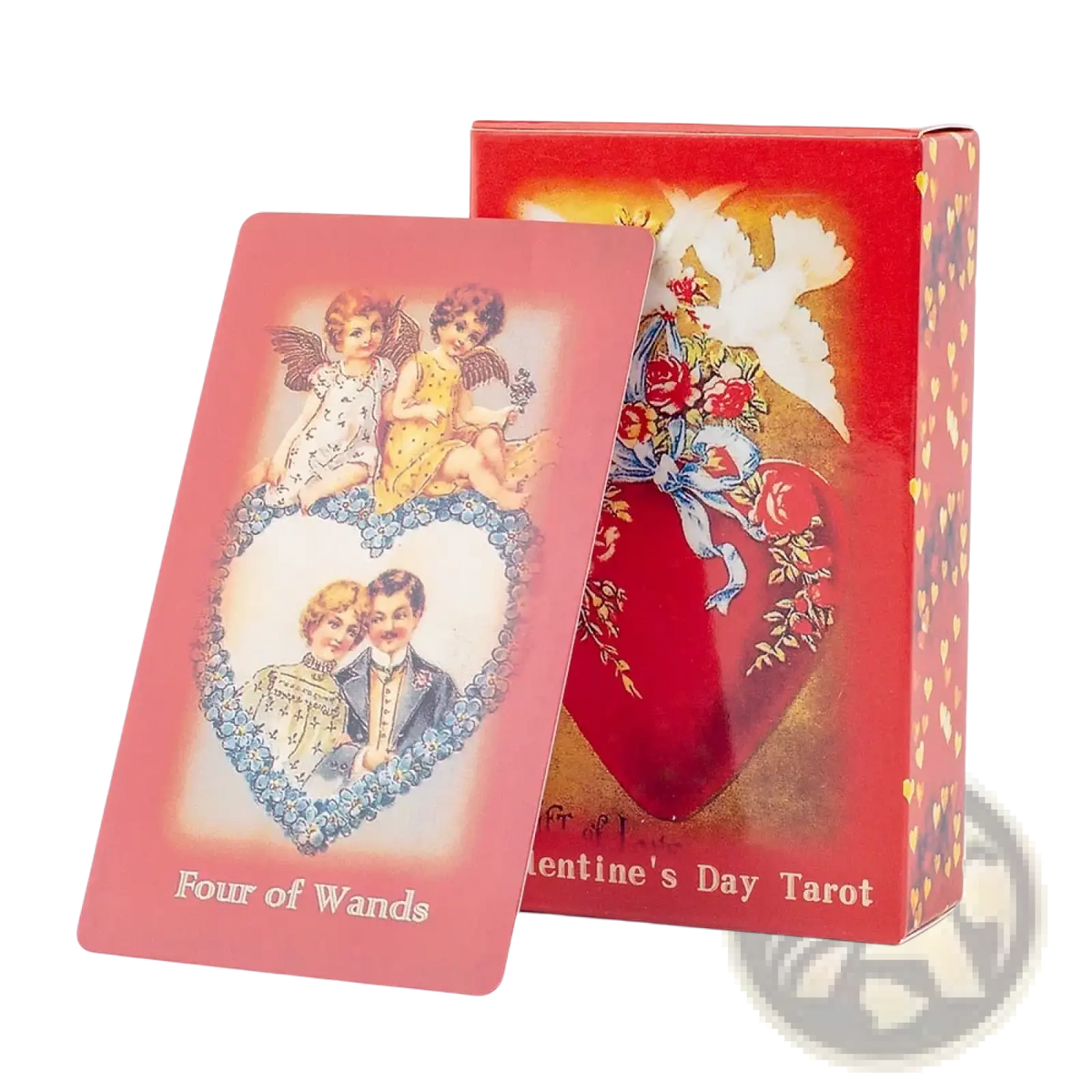 A pink valentine tarot card featuring a vintage cherub illustration and a smiling couple from the valentine tarot deck love oracle cards