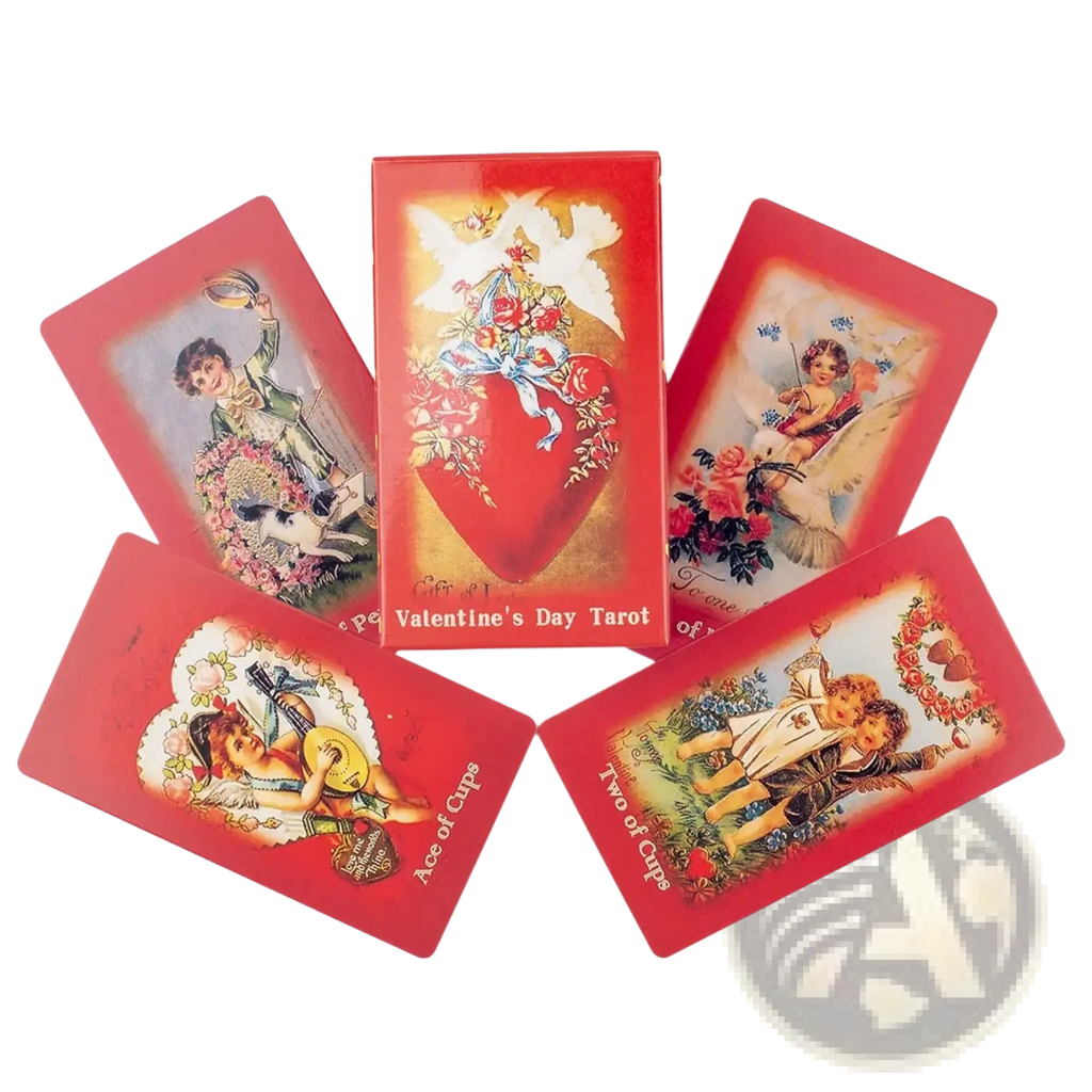 Valentine tarot deck love oracle cards featuring red glossy vintage cupid and romantic scene illustrations