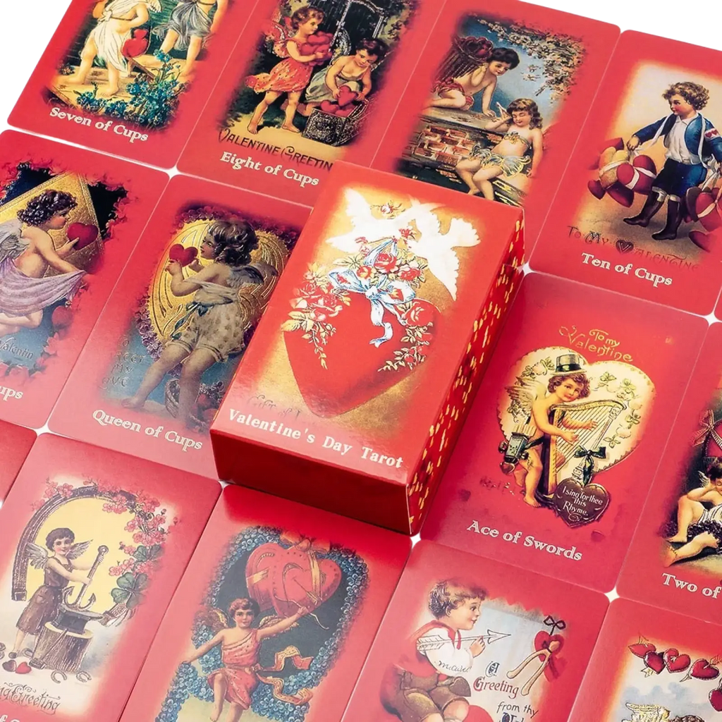 Red valentine tarot deck love oracle cards box with a gold-embossed heart and vintage angel illustrations