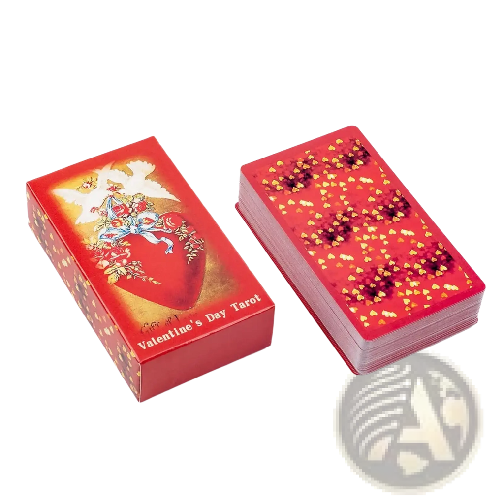 Valentine tarot deck love oracle cards in red with glossy finish and gold foil heart design on the box