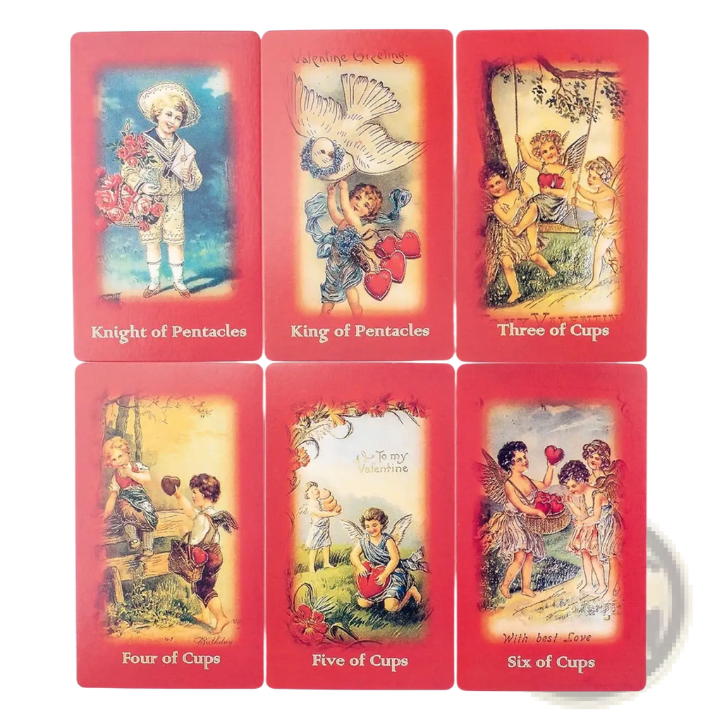 Set of six vintage-style red-bordered Valentine tarot deck love oracle cards featuring romantic pentacle designs