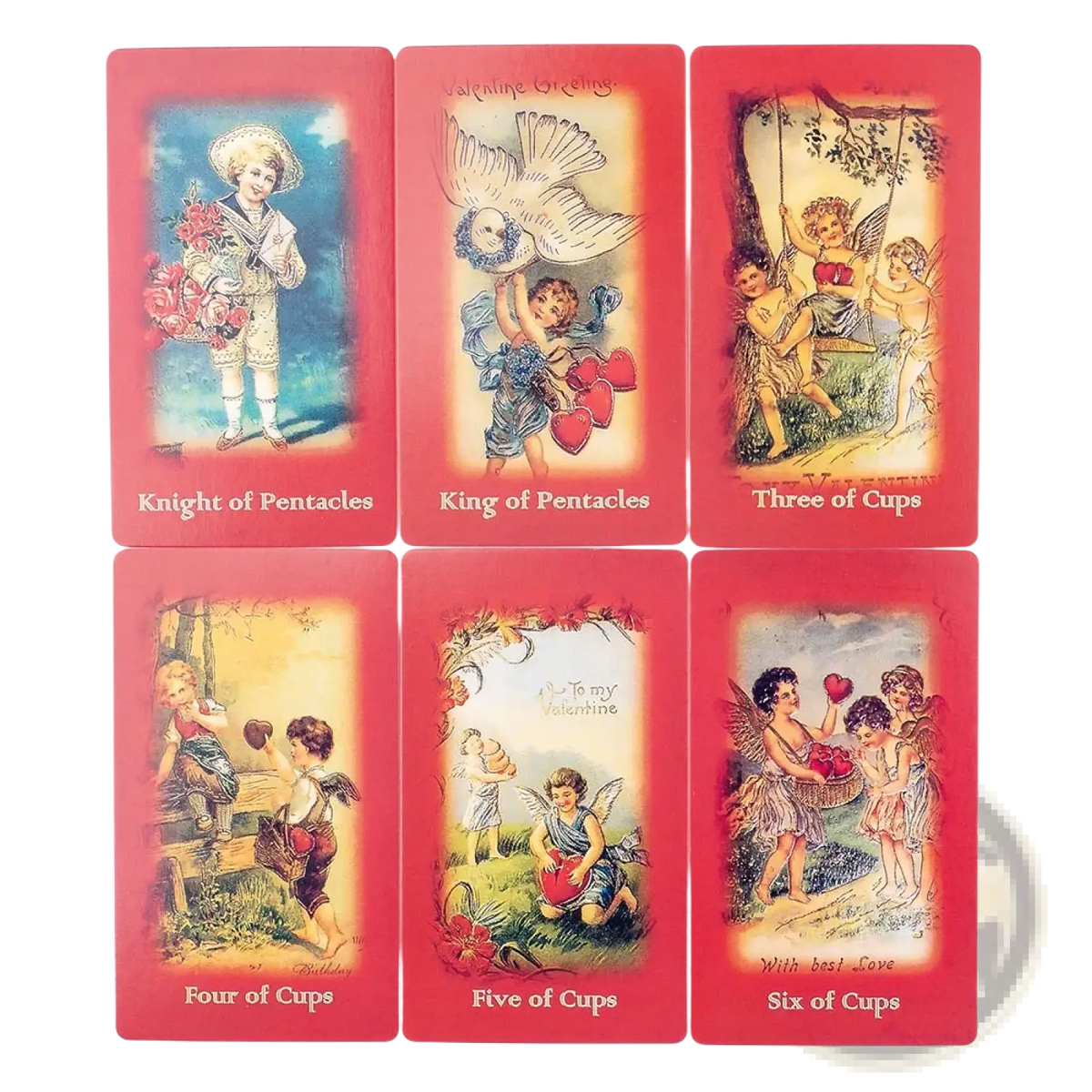 Set of six vintage-style red-bordered Valentine tarot deck love oracle cards featuring romantic pentacle designs