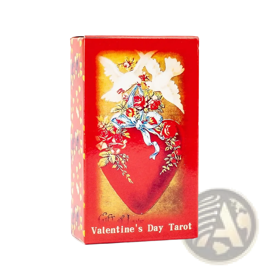 A vibrant red valentine tarot deck box featuring a vintage heart with roses and doves for love readings