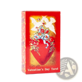 A vibrant red valentine tarot deck box featuring a vintage heart with roses and doves for love readings