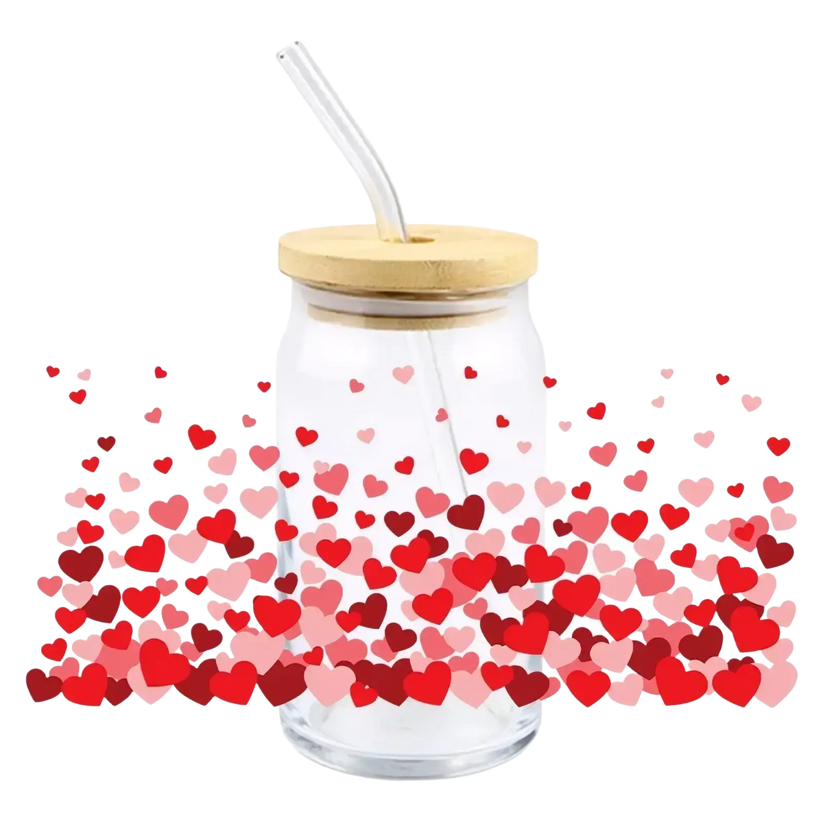 Clear glass reusable drink container with bamboo lid and clear straw featuring valentine dtf cup wrap sticker 16oz