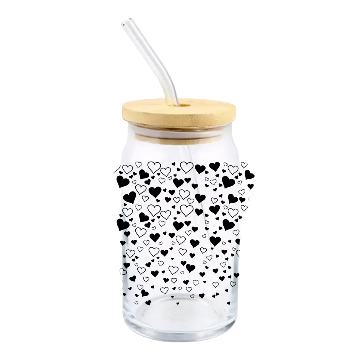Clear glass tumbler with bamboo lid and straw featuring black and white hearts dtf cup wrap for 16oz dtf cup