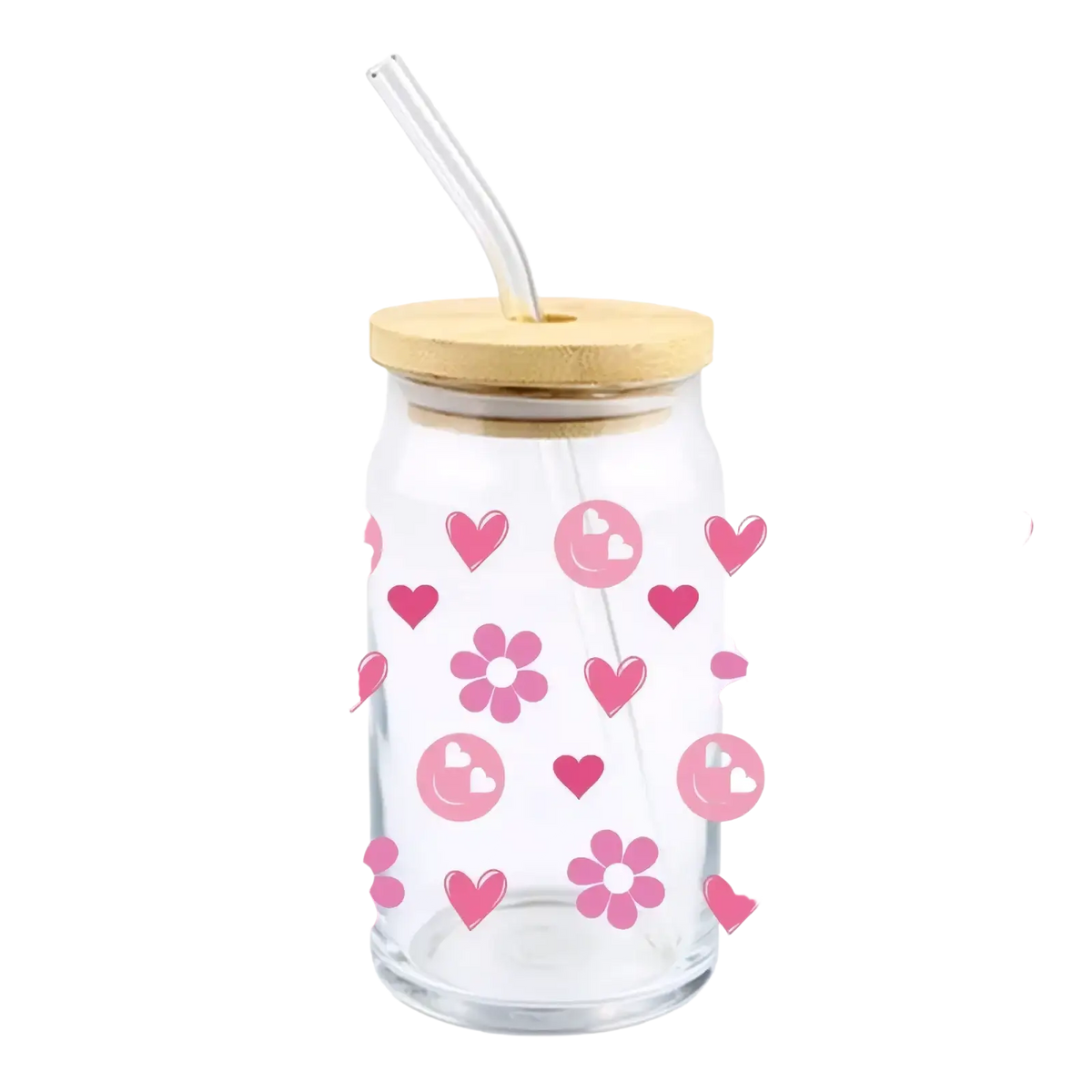 Valentine uv dtf cup wrap sticker on clear glass tumbler with bamboo lid and clear straw featuring pink hearts and flowers