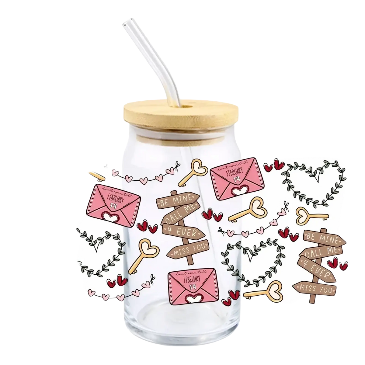 Clear glass tumbler 16oz with bamboo lid and straw featuring pink envelope key heart uv dtf cup wrap sticker design