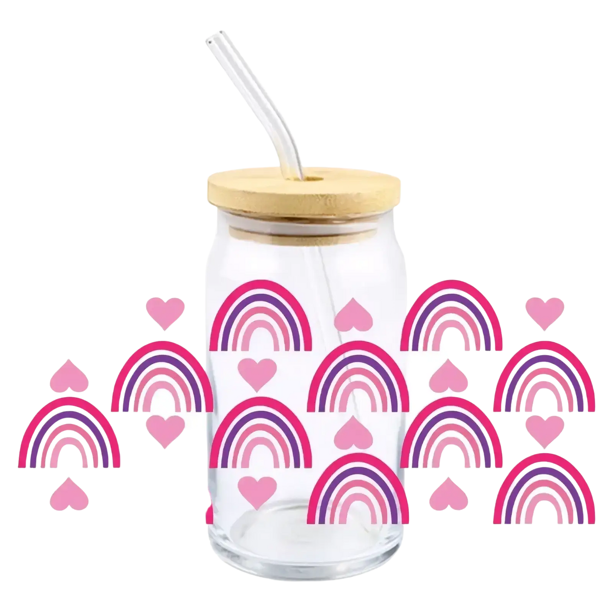 Clear glass tumbler with pink and purple rainbow dtf cup wrap sticker 16oz bamboo lid and clear straw
