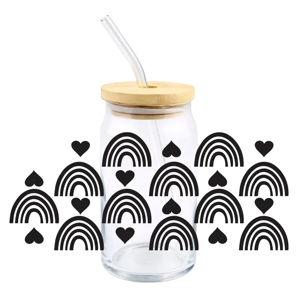 Clear glass 16oz tumbler with bamboo lid and clear straw featuring black rainbow and heart decals valentine uv dtf cup wrap sticker