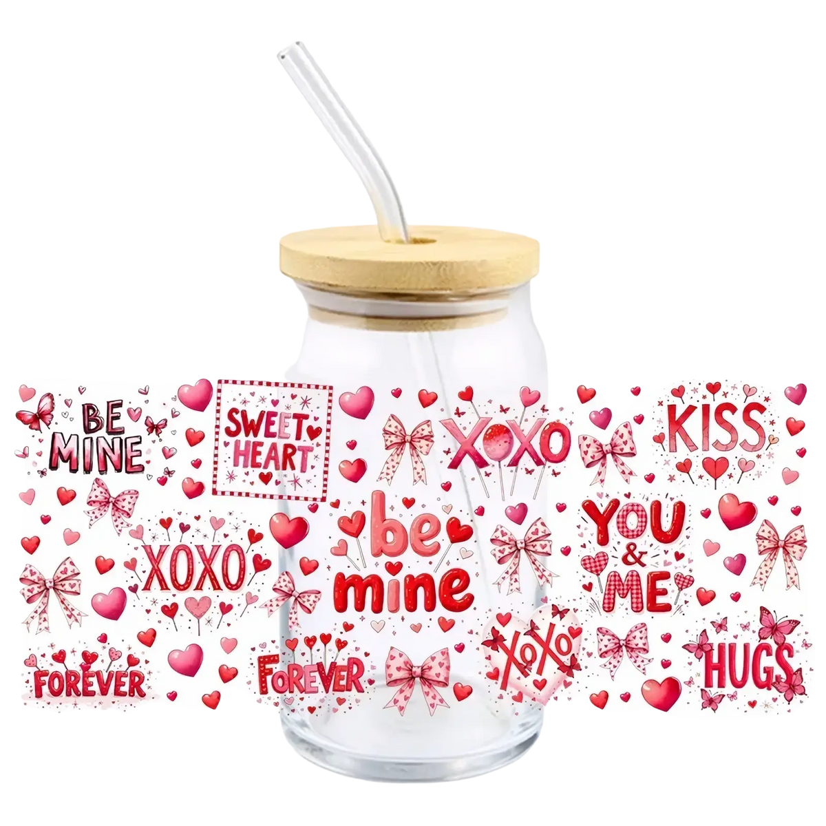 Clear glass tumbler 16oz with bamboo lid and straw decorated with red valentine uv dtf cup wrap stickers