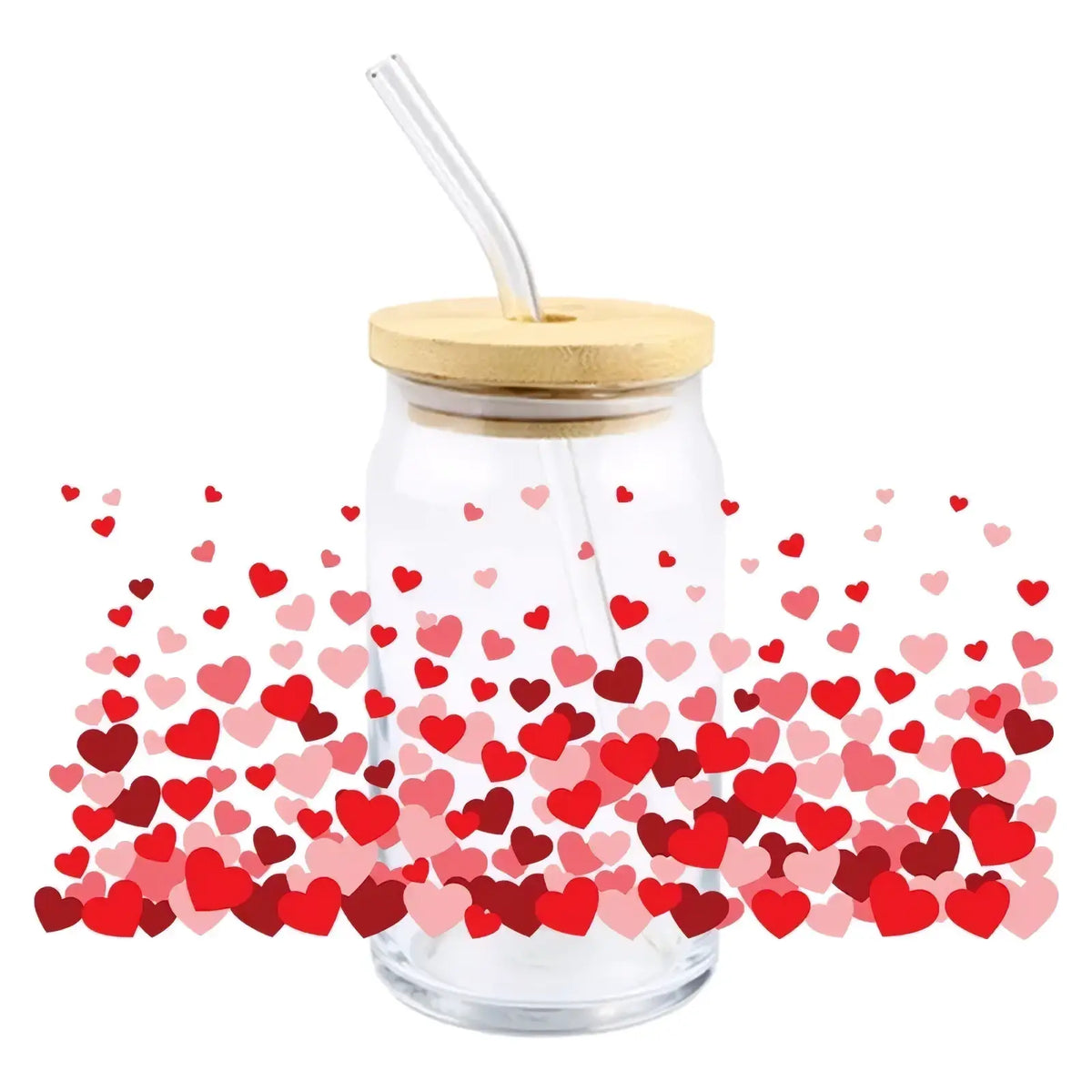 Clear glass 16oz tumbler with bamboo lid and clear straw featuring Valentine uv dtf cup wrap sticker design