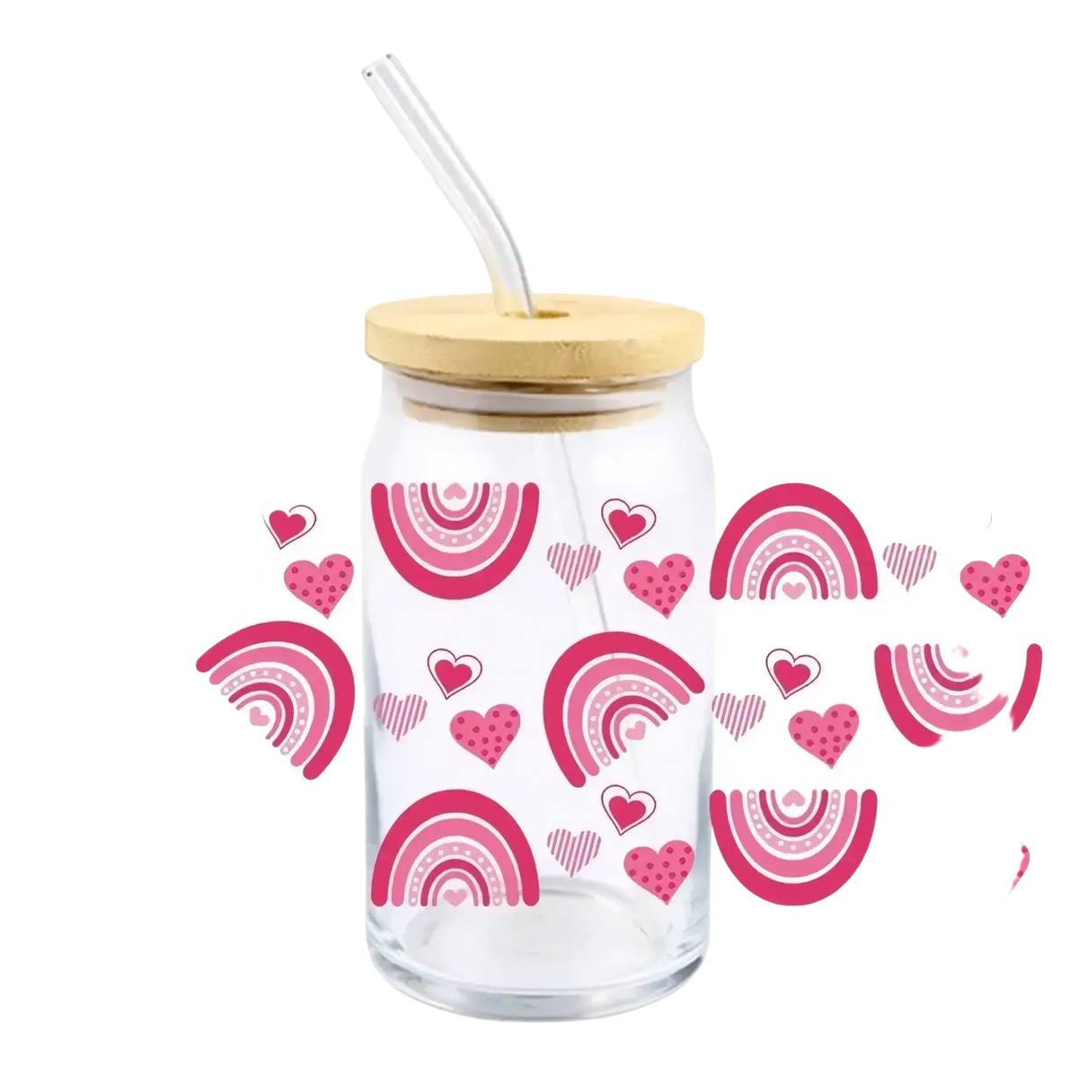 Clear glass 16oz dtf cup with pink rainbow heart cup wrap sticker bamboo lid and clear straw for valentine use