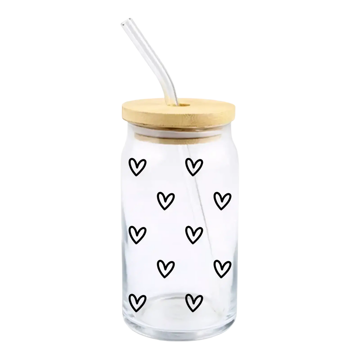 Clear glass tumbler dtf cup with black heart cup wrap bamboo lid and clear straw 16oz valentine design