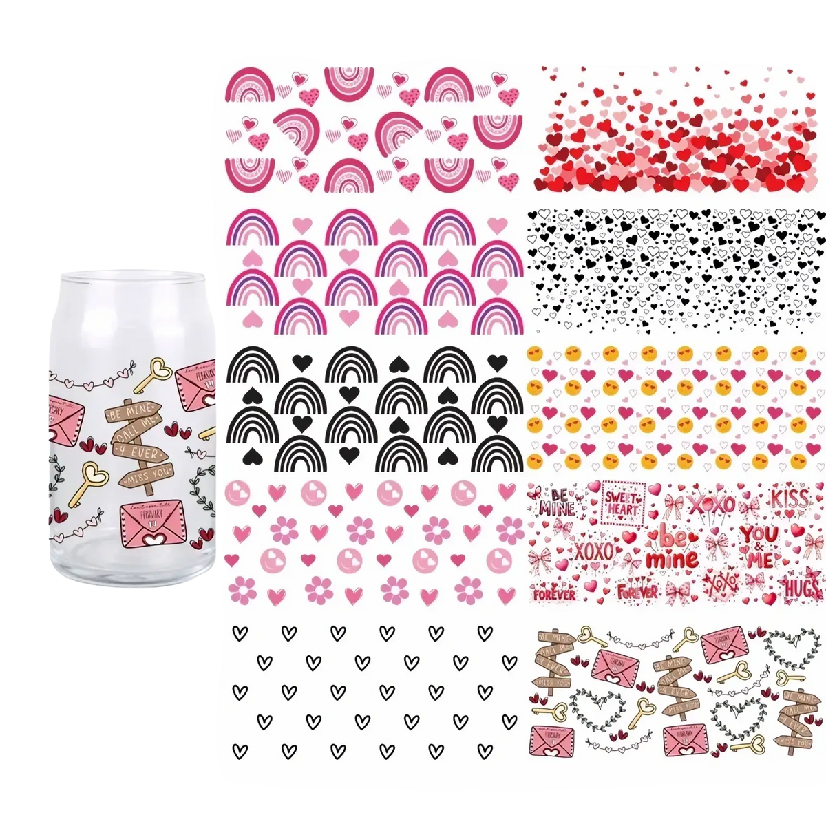 Clear glass tumbler with valentine uv dtf cup wrap sticker featuring pink envelopes keys and heart motifs 16oz