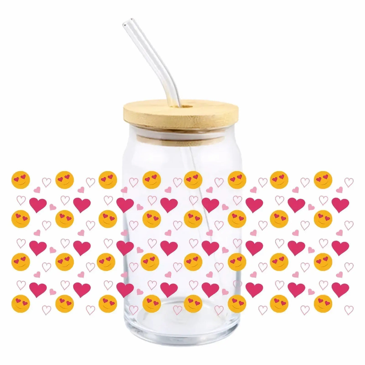 Clear glass tumbler 16oz with bamboo lid and clear straw featuring Valentine UV DTF cup wrap sticker with emojis and hearts