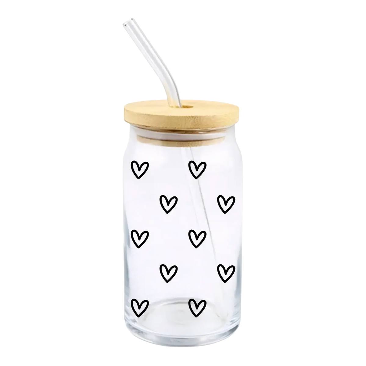 Clear glass 16oz tumbler with bamboo lid and straw featuring black heart decals valentine uv dtf cup wrap sticker