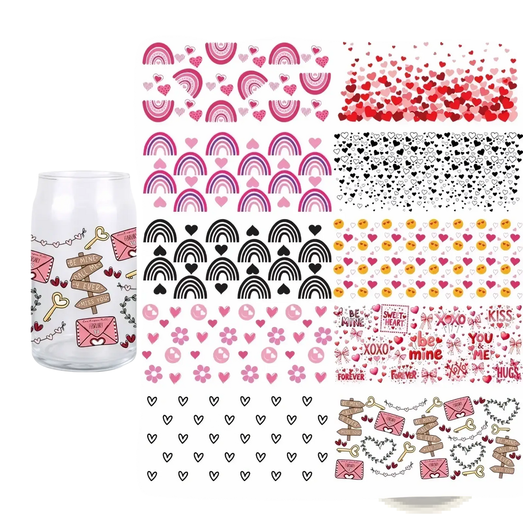 Clear glass tumbler with valentine uv dtf cup wrap sticker featuring pink envelopes keys and heart motifs 16oz