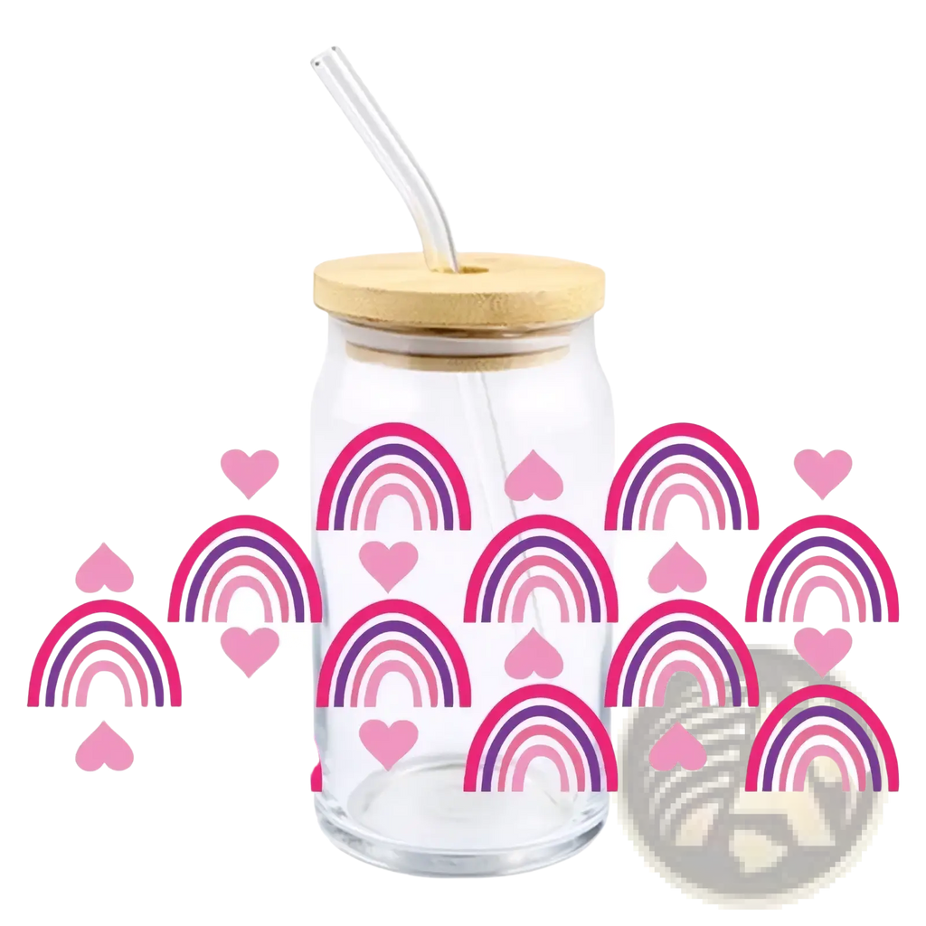 Clear glass tumbler with bamboo lid and clear straw featuring pink and purple rainbow decals valentine uv dtf cup wrap sticker 16oz