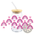 Clear glass tumbler with bamboo lid and clear straw featuring pink and purple rainbow decals valentine uv dtf cup wrap sticker 16oz