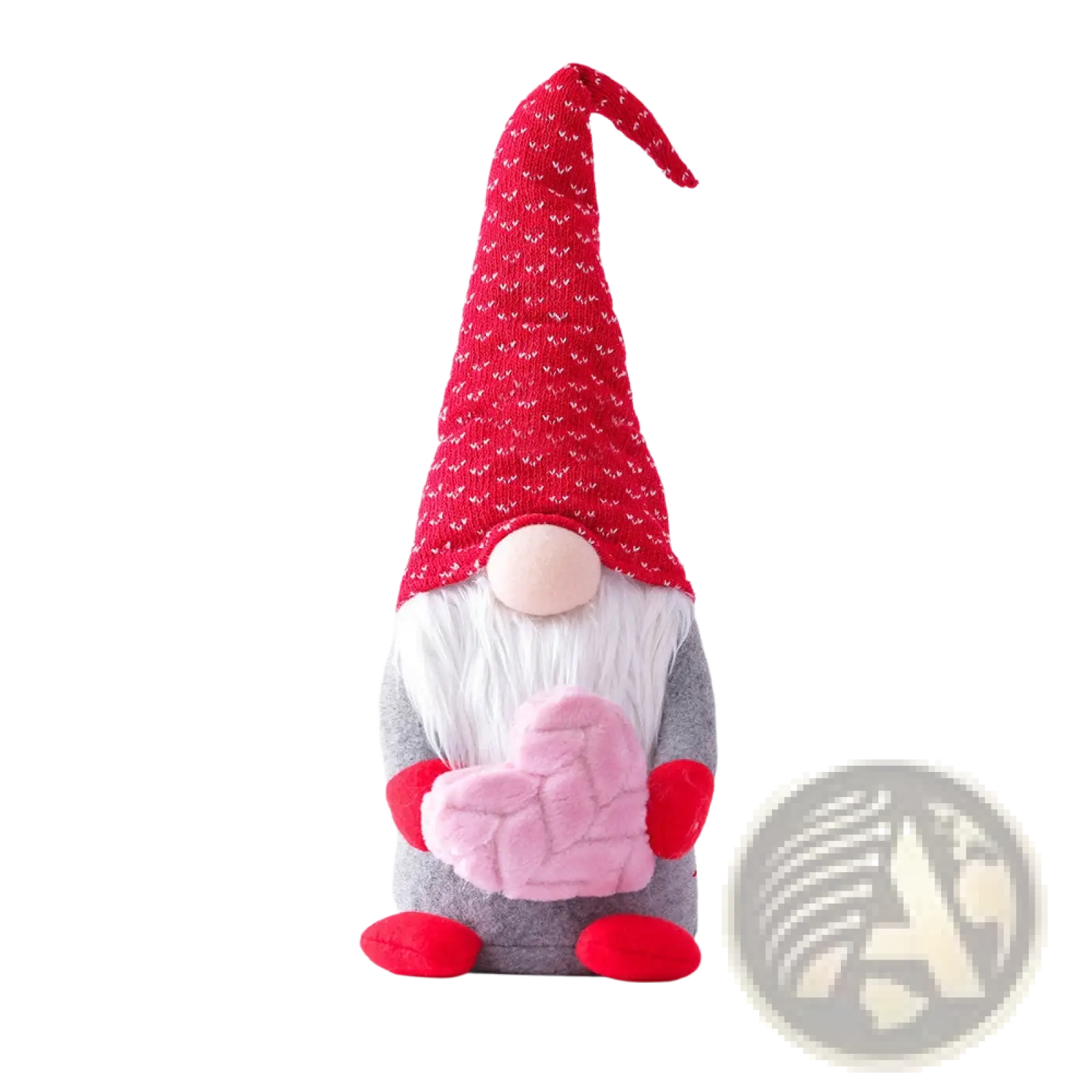 Valentines day gnome plush rudolph doll ornament in red and gray holding a pink heart-shaped object