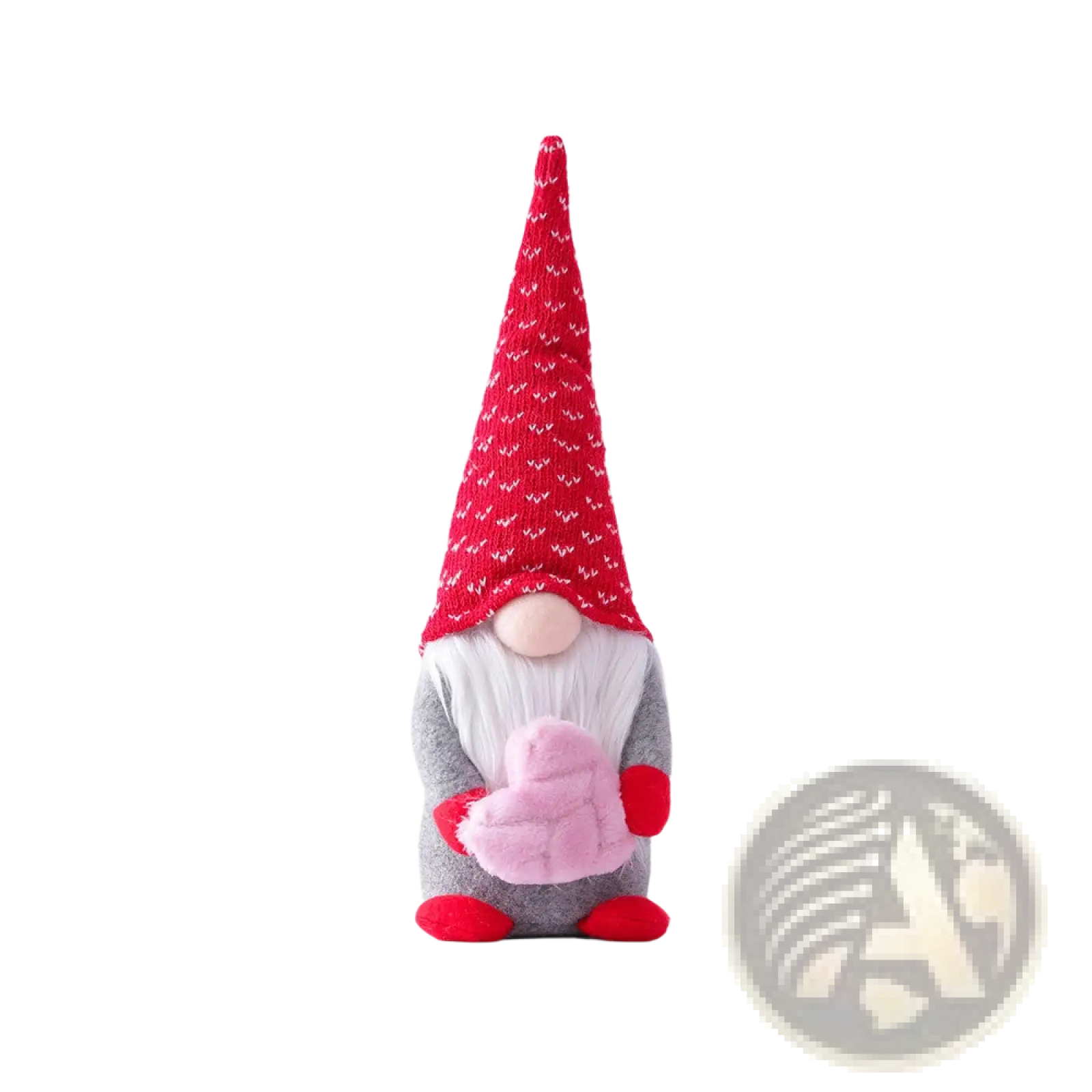 Valentines day gnome plush rudolph doll ornament with tall red knit hat white hearts gray body and pink felt heart