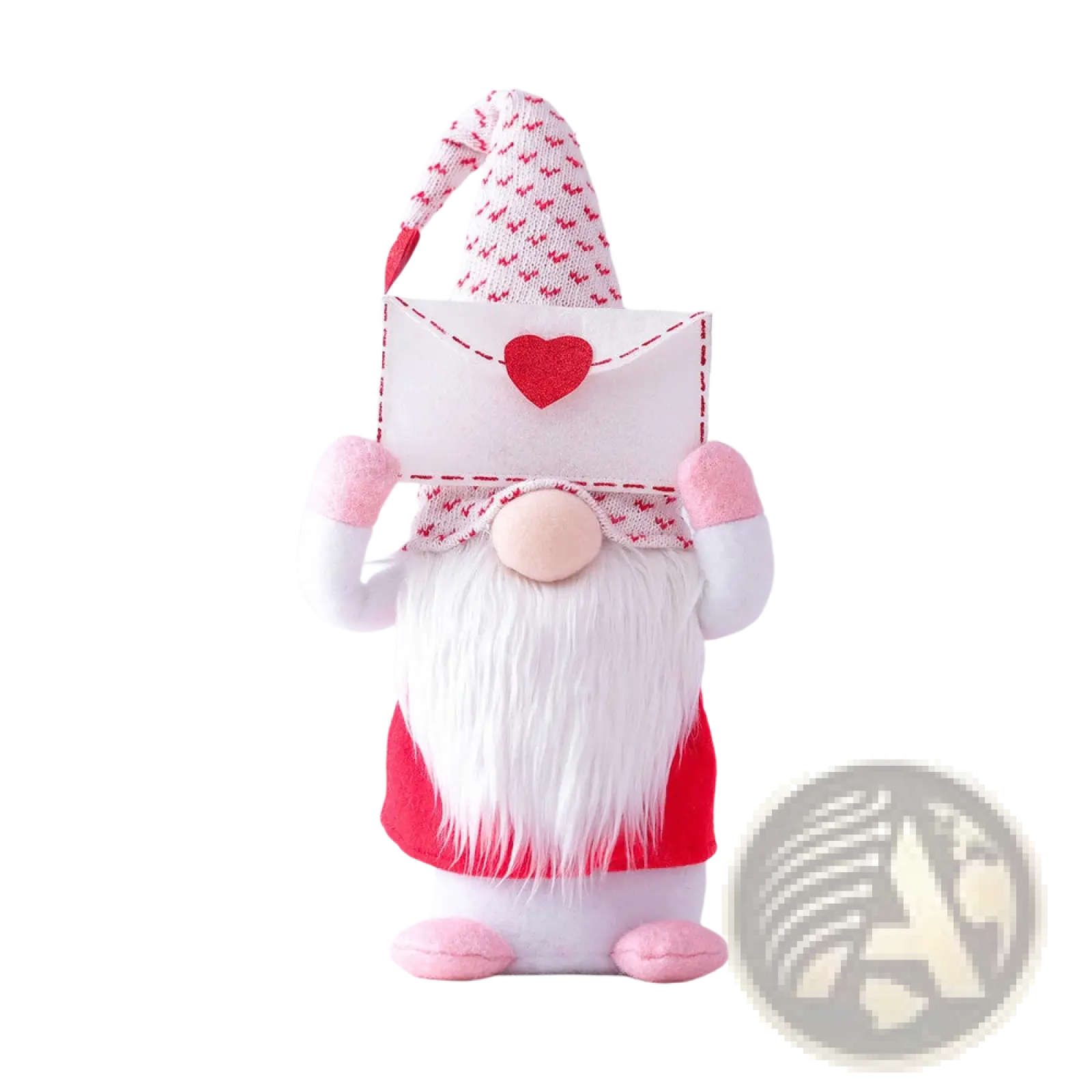 Valentines Day gnome plush Rudolph doll ornament in red and white with a long beard holding a heart envelope
