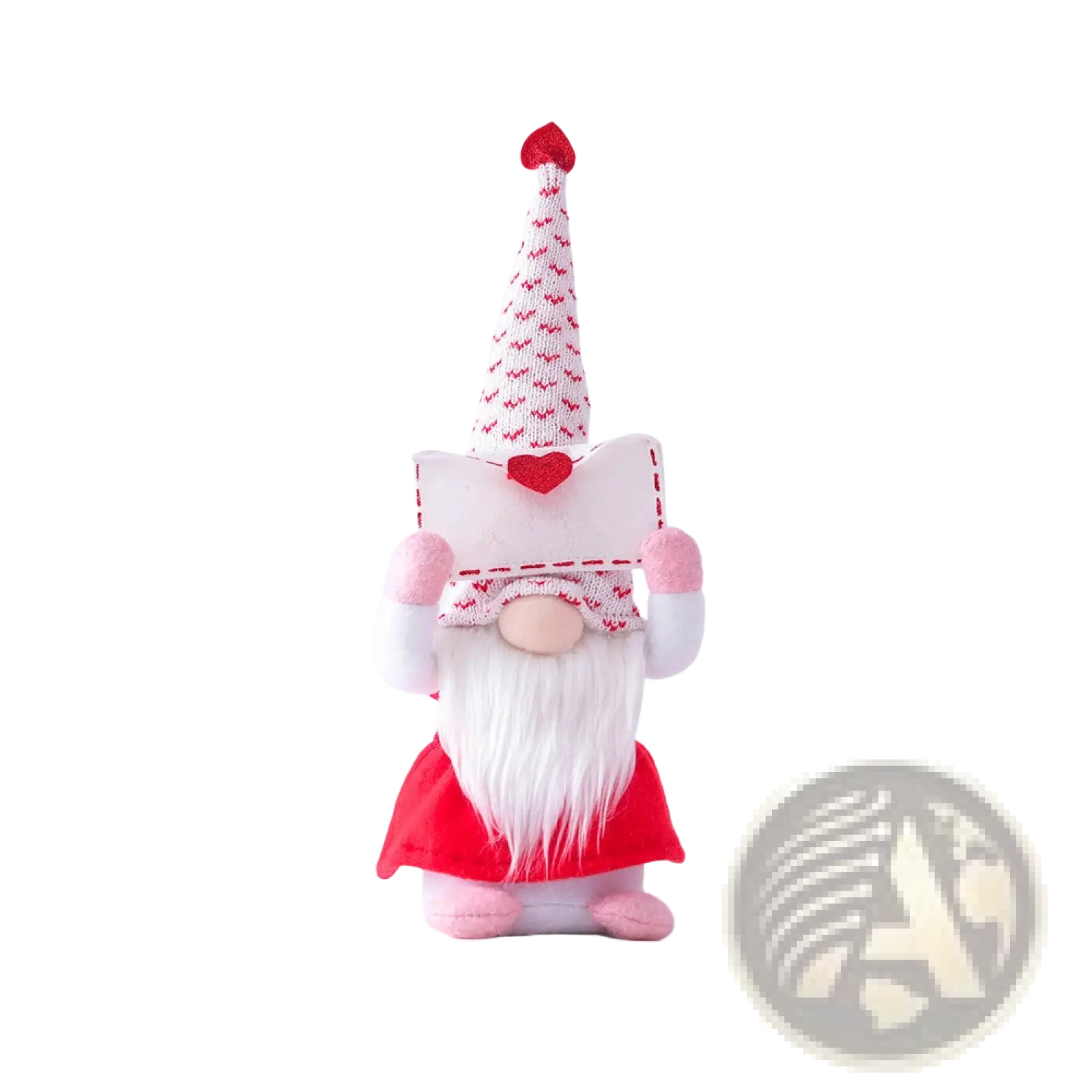 Valentines day gnome plush rudolph doll ornament with white beard red skirt and red hat adorned with pink hearts
