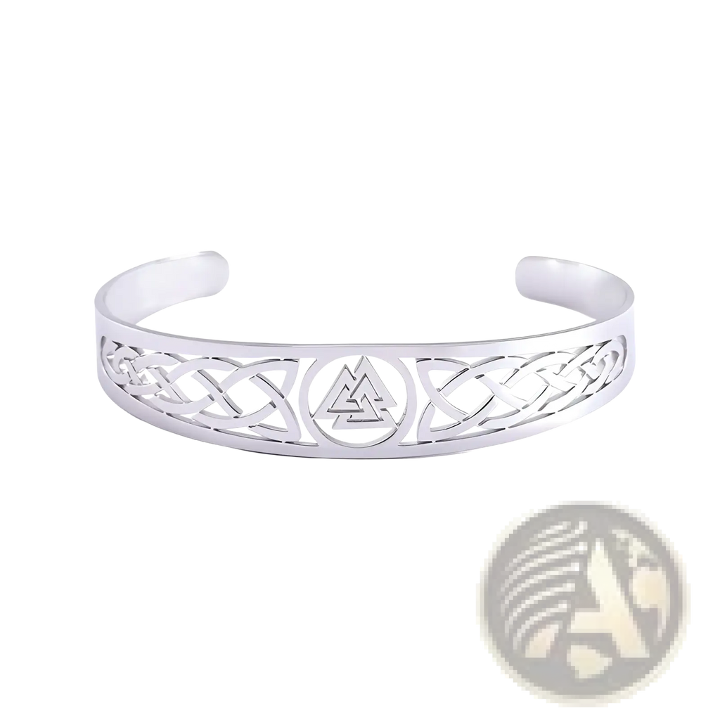 Silver stainless steel open cuff bracelet with intricate Celtic knotwork and a central Valknut symbol