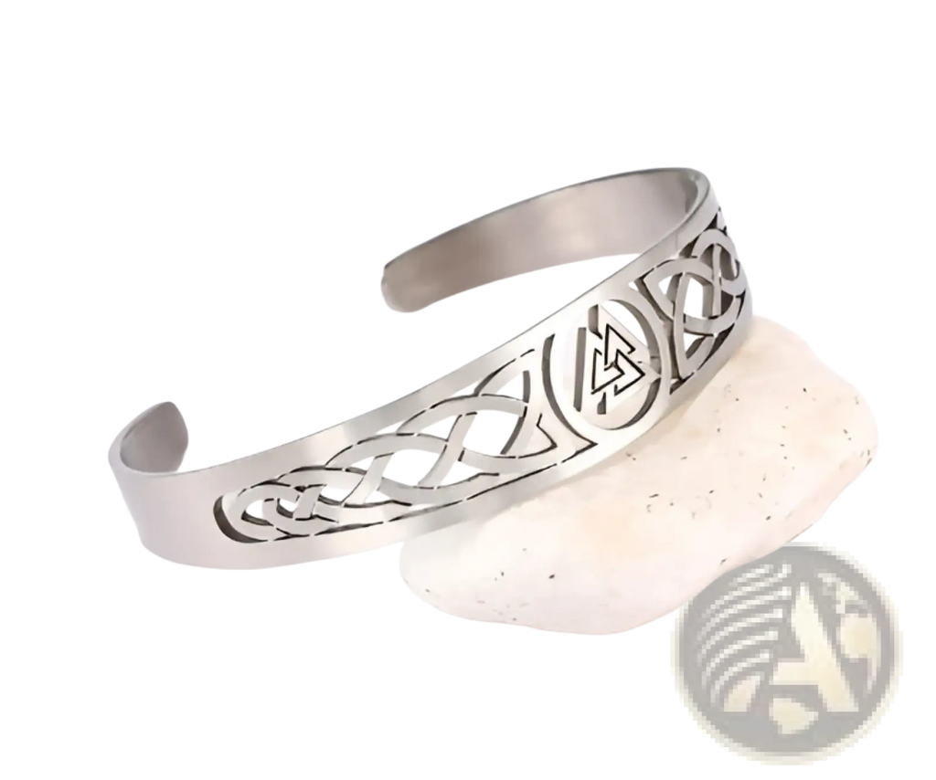 Silver-toned stainless steel cuff bracelet with intricate celtic knotwork and central valknut triangular symbol