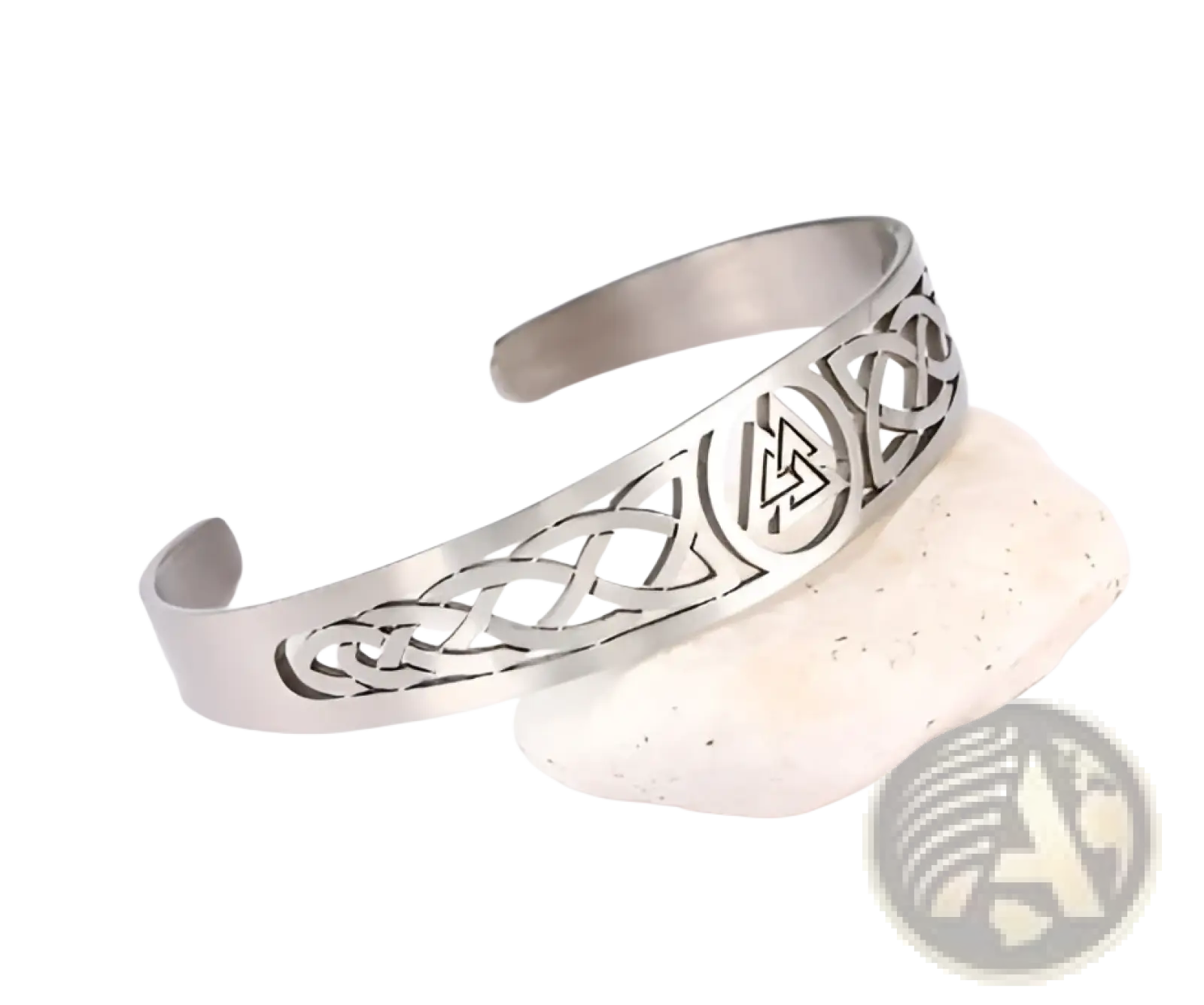 Silver-toned stainless steel cuff bracelet with intricate celtic knotwork and central valknut triangular symbol