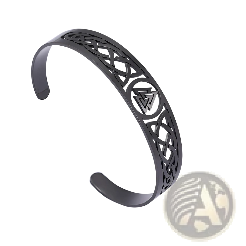 Black metal stainless steel cuff bracelet with intricate valknut celtic knotwork and central triangular emblem