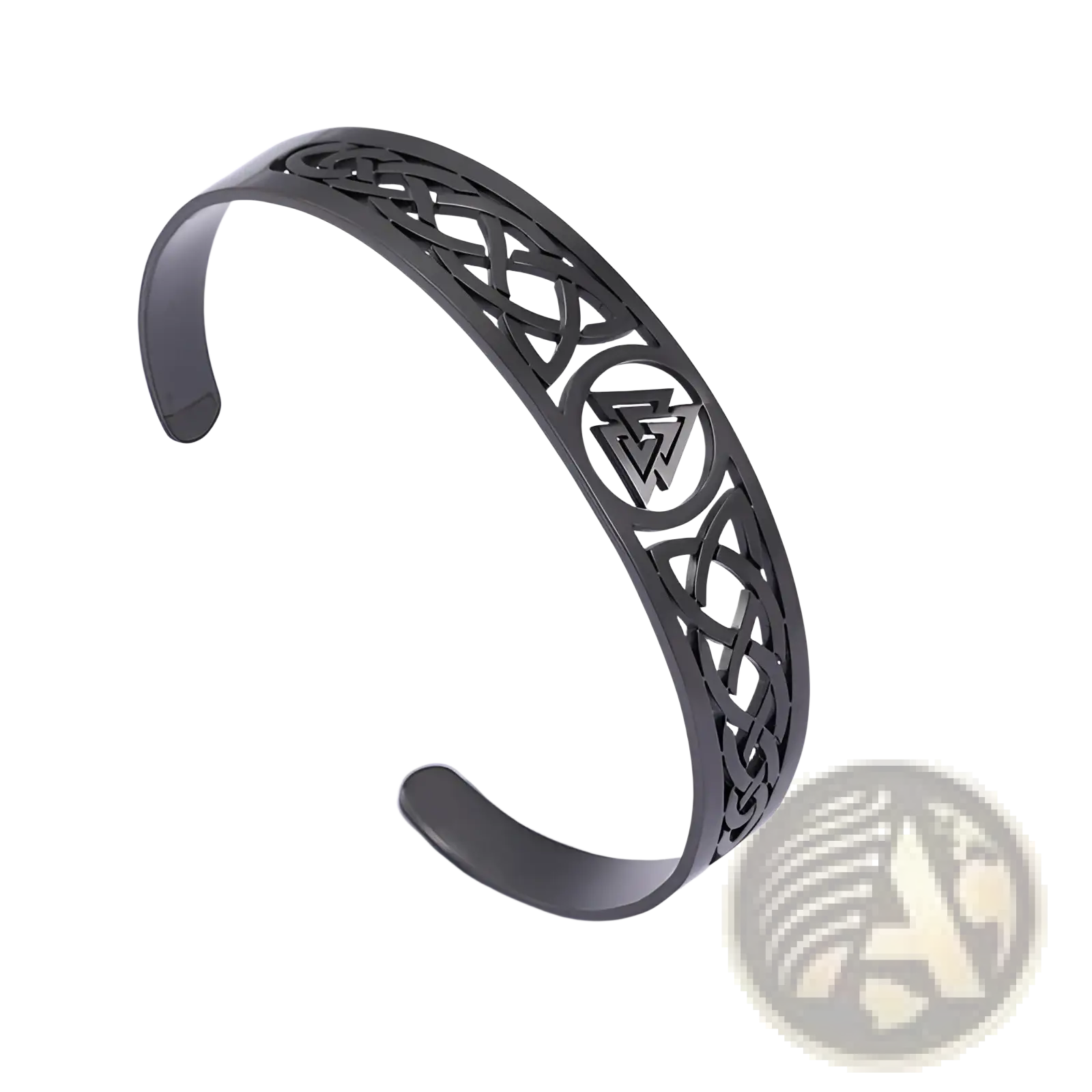 Black metal stainless steel cuff bracelet with intricate valknut celtic knotwork and central triangular emblem