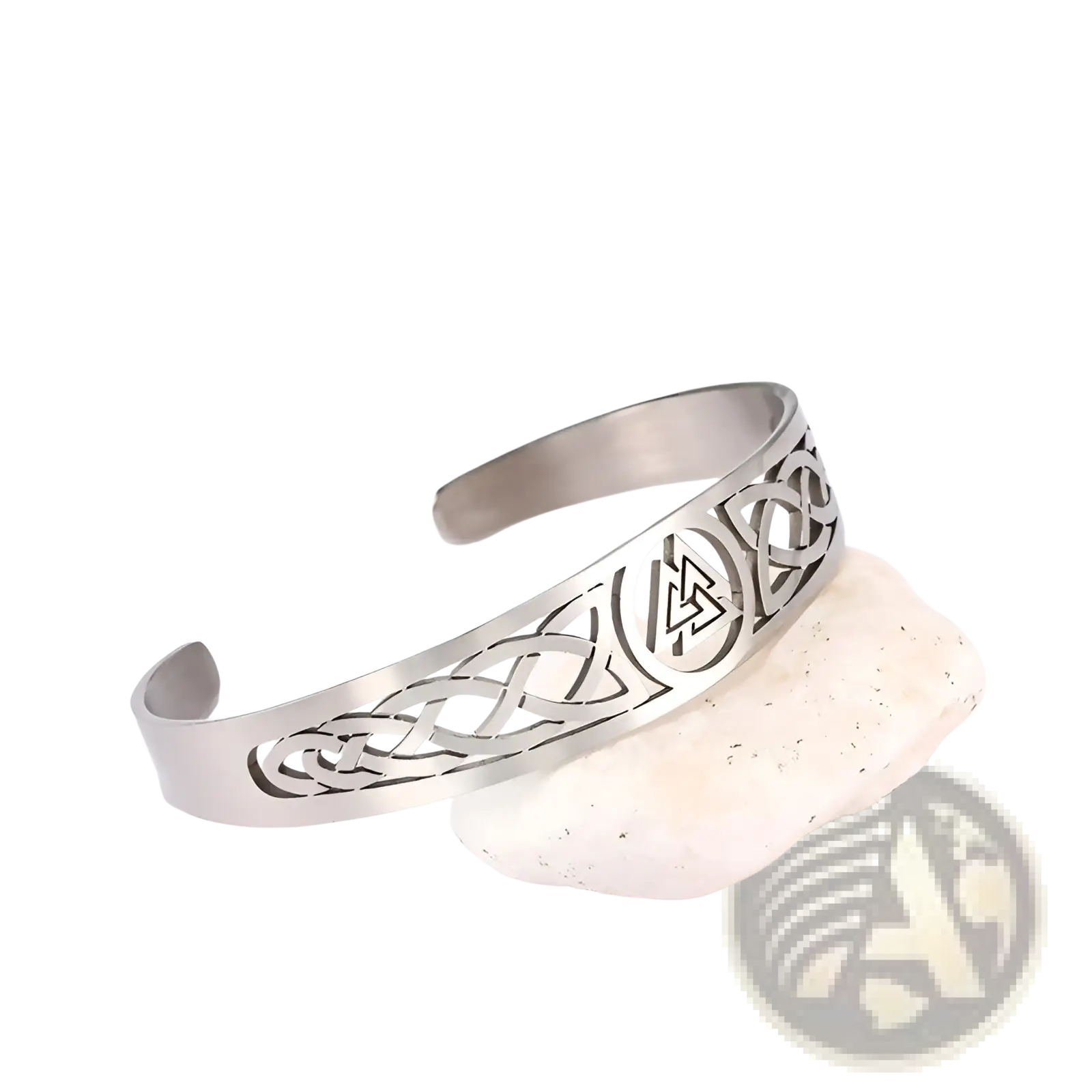 Silver-toned stainless steel cuff bracelet with intricate celtic knotwork and central valknut viking rune design