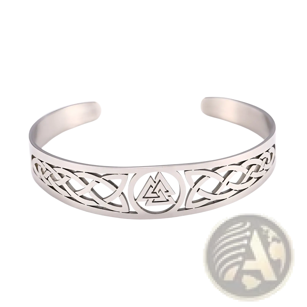Silver-toned stainless steel cuff bracelet featuring intricate Celtic knotwork and a central Valknut symbol