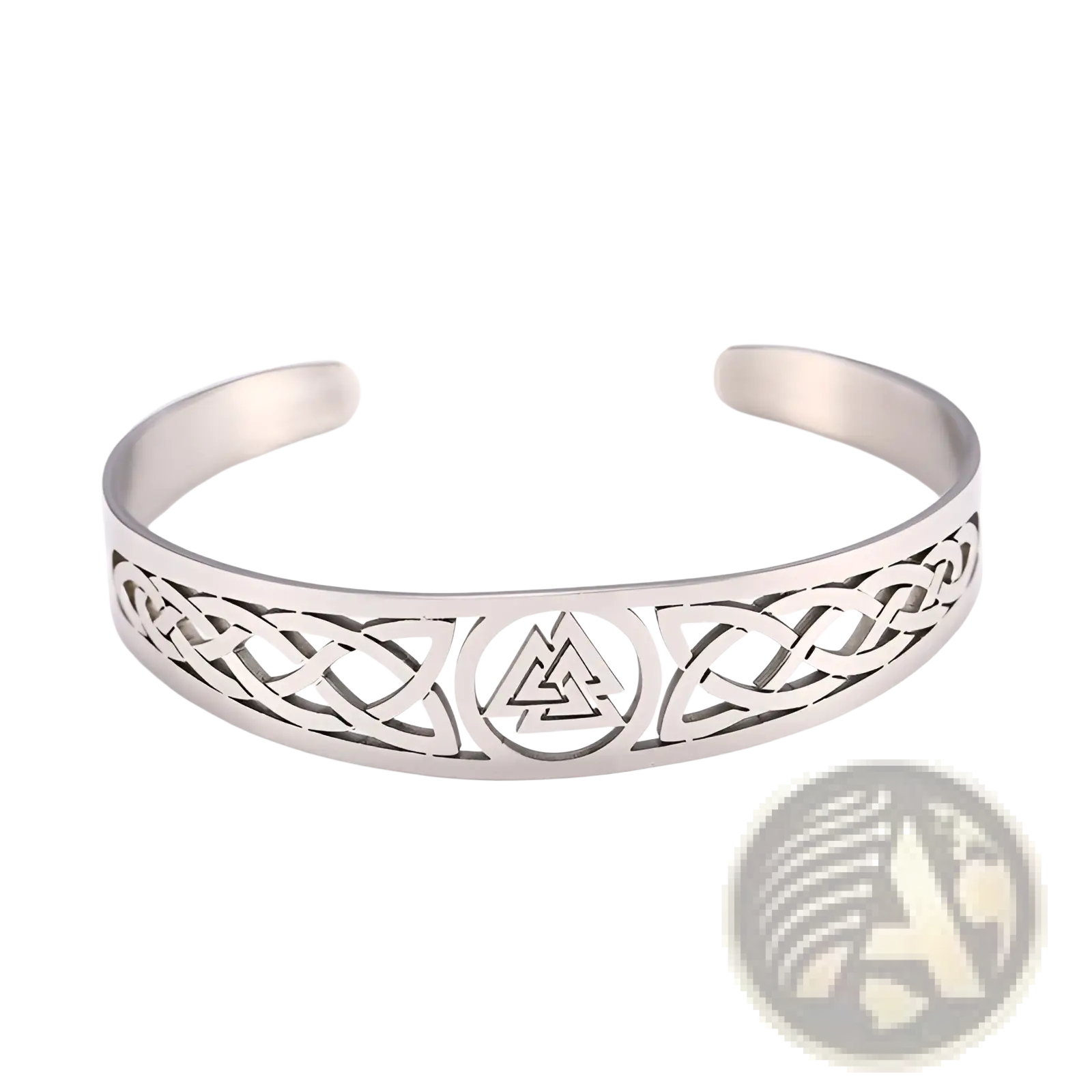 Silver-toned stainless steel cuff bracelet featuring intricate Celtic knotwork and a central Valknut symbol